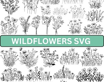 May include: Black and white line art illustrations of various wildflowers and butterflies. The image includes the text "WILDFLOWERS SVG" in a green rectangle. The illustrations depict different flower arrangements and individual blooms.
