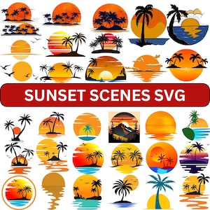 Puede incluir: Una colección de gráficos SVG con temática de atardecer. Los diseños presentan siluetas de palmeras, puestas de sol y escenas oceánicas en tonos naranja, amarillo y azul. El texto "SUNSET SCENES SVG" se muestra en un rectángulo rojo.