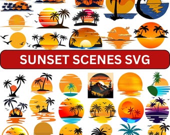 Retro Beach Sunset SVG Clipart | Palm Tree Scene (Digital Download)