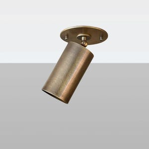 Puede incluir: Un foco cilíndrico de color bronce. La luz está montada sobre una base circular y se puede ajustar. La luminaria tiene un acabado de metal cepillado, lo que le da una estética vintage o industrial. Ideal para iluminación de acento.