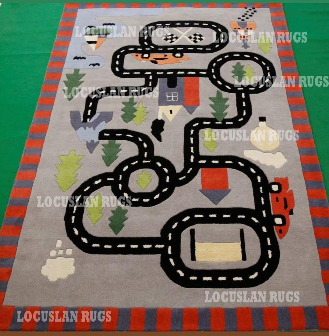 Car Racing Rug Kids Handtufted Kids Play Rug Car Track Road Design Carpet Soft Nursery Area ...