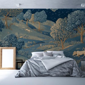 Dark Blue Forest Wallpaper - Mystical Woodland Removable Wall Mural | Peel and Stick Wallpaper