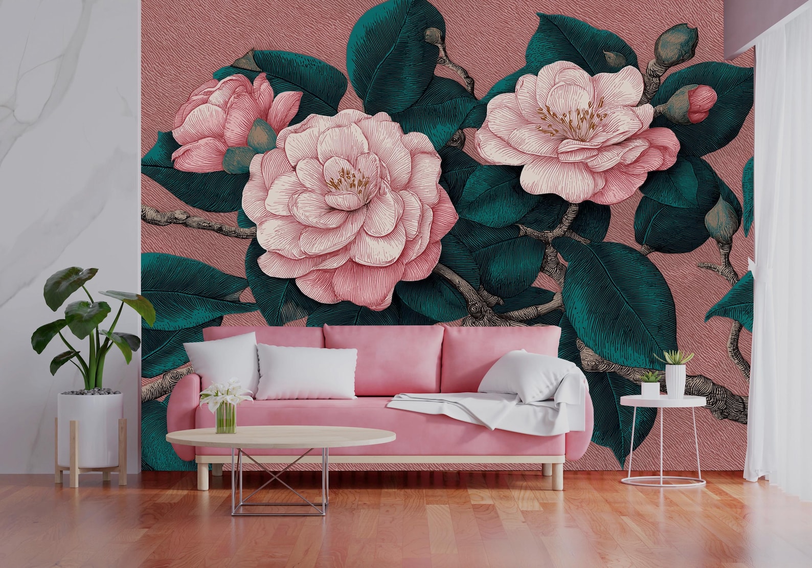 Pink Large Floral Wallpaper - Romantic Botanical Wall Mural | Peel and