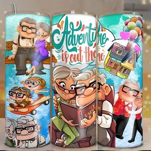 May include: A tumbler with a design inspired by the film "Up." The artwork depicts an elderly couple, a young boy, and a house lifted by balloons. The phrase "Adventure is out there" is written on the tumbler.