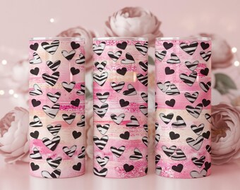 Envoltura para vaso con corazón de cebra / Sublimación de San Valentín con purpurina rosa (PNG)