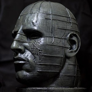 Puede incluir: Una escultura detallada de una cabeza humana con un patrón de rejilla en la parte superior y la cara. La escultura es de color verde oscuro y apagado con textura y grietas visibles, sobre un fondo oscuro. La cabeza tiene una expresión sombría.