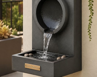Personalized Wall Water Fountain, Modern Outdoor Waterfall, Custom Name Plate Decor