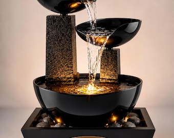 Personalized Black Desktop Waterfall Fountain – Custom Tabletop Zen Decor with Cascading Bowls