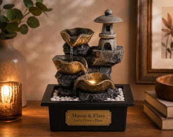 Personalized Pagoda Waterfall Fountain, Zen Tabletop Decor, LED Light, Custom Name Plate
