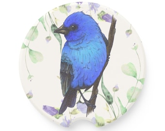 Soap Stone Coaster Indigo Bunting | Coaster With Bird | Hand Drawn Bird Floral Design | Nature Car Accessary