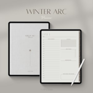 Könnte beinhalten: Zwei digitale Planer mit schwarzen Rändern und dem Text "WINTER ARC Planner". Ein Planer ist geschlossen und zeigt ein minimalistisches Design mit einem floralen Muster. Der andere ist offen und zeigt ein Tagesplan-Layout mit einem Stift.