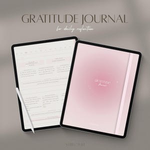 Könnte beinhalten: Zwei digitale Tablets mit dem Thema Dankbarkeitstagebuch. Eines zeigt Journal-Eingabeaufforderungen, das andere einen rosa Einband mit einem Herzdesign und den Worten "Gratitude Journal". Der Text "for daily reflection" befindet sich über den Tablets.