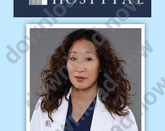 May include: An ID badge featuring a portrait of Christina Yang, M.D., a cardiothoracic surgeon. The badge includes the Grey-Sloan Memorial Hospital logo and a barcode.
