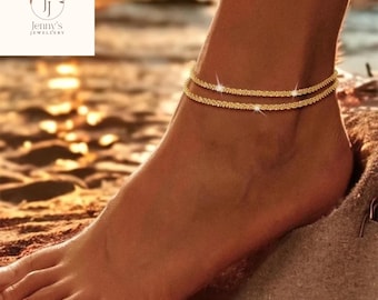 Cavigliera a doppio strato in oro 14k/argento sterling, gioielli da spiaggia per i piedi