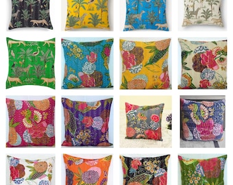 Hand-Stitched Kantha Throw Pillow Cover, Indian Cushion Cover