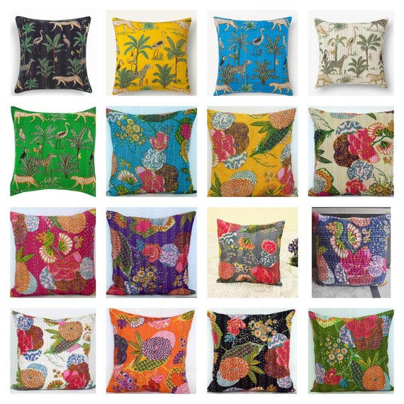 Hand-Stitched Kantha Throw Pillow Cover, Indian Cushion Cover