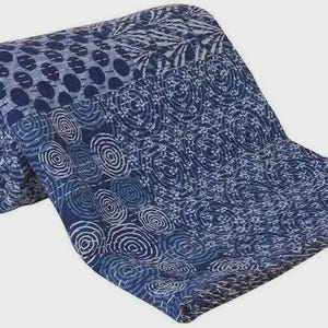 May include: Rolled-up blue and white patterned quilt. The quilt features a variety of designs, including circles and floral patterns. The color scheme is primarily indigo and white, creating a visually appealing contrast. The quilt is made of a soft, likely cotton material.