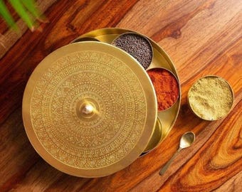 Handmade Brass Masala Spice Box, Indian Kitchen Storage