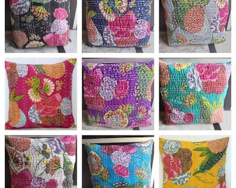 Handmade Kantha Throw Pillow Cover, Indian Decorative Cushion