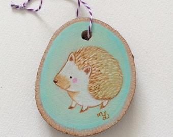 Hand Painted Mint Hedgehog Ornament on Wood by Megumi Lemons