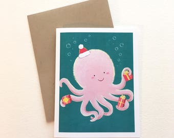 Octopus Santa Christmas Card by Megumi Lemons