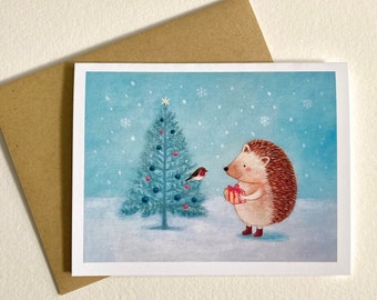 Hedgehog and Robin Christmas Card by Megumi Lemons