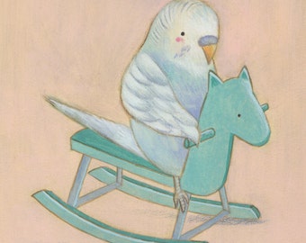 You Rock! Budgie on a Rocking Horse Print 8x10 by Megumi Lemons