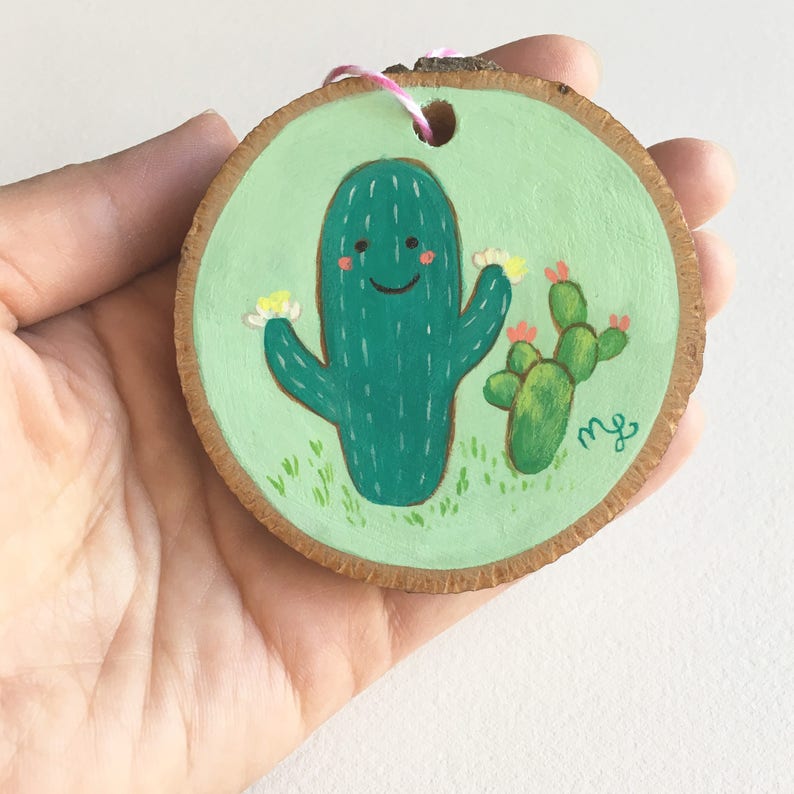 Hand Painted Mint Cactus Ornament on Wood by Megumi Lemons image 4