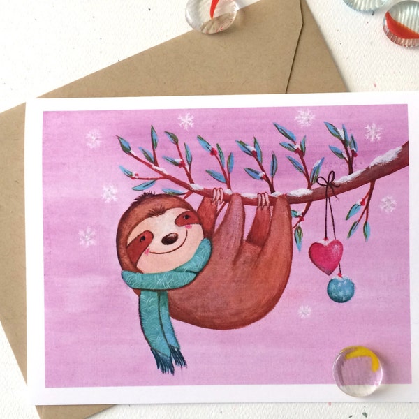 Snuggly Sloth Christmas Card by Megumi Lemons