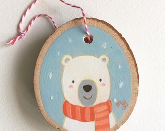 Hand Painted Polar Bear Ornament on Wood by Megumi Lemons