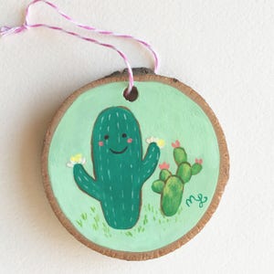Hand Painted Mint Cactus Ornament on Wood by Megumi Lemons image 1