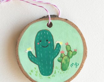 Hand Painted Mint Cactus Ornament on Wood by Megumi Lemons