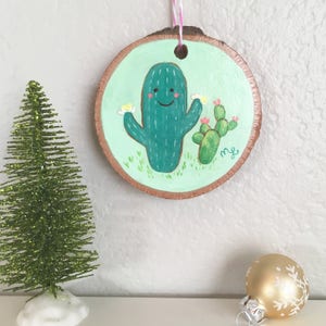 Hand Painted Mint Cactus Ornament on Wood by Megumi Lemons image 2