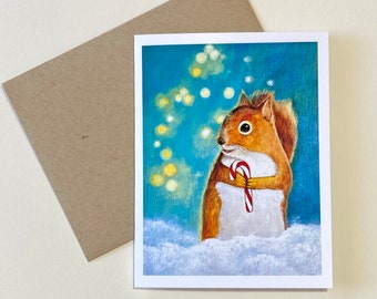 Squirrel Candy Cane Christmas Card by Megumi Lemons