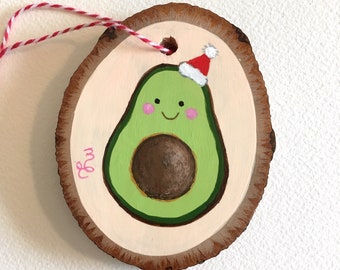 Hand Painted Christmas Avocado Ornament on Wood by Megumi Lemons