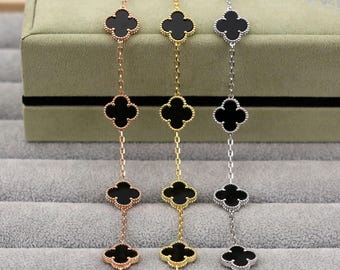 18K Gold Plated 925 Silver 5-Pattern 15mm Black Agate Clover Bracelet