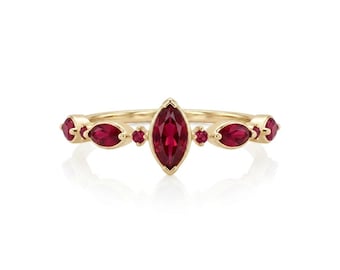 Natürlicher Rubin Marquise Ring, Sterling-Silber, Vintage-inspiriert, Juli Geburtsstein