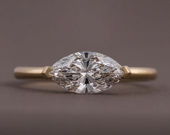 East West Marquise Lab Grown Diamond Solitaire Ring, Half Bezel