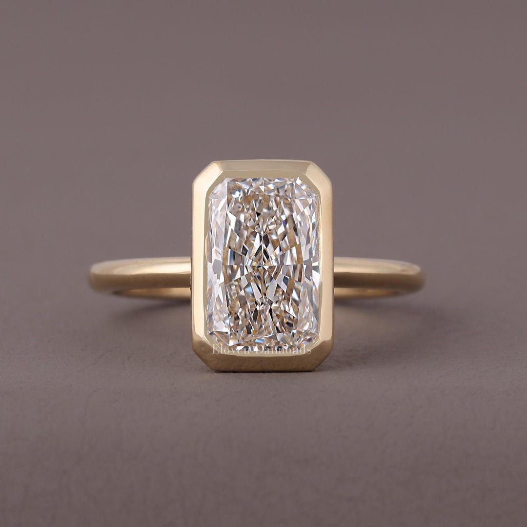 14k Yellow Gold Radiant Cut Lab Diamond Engagement Ring, Bezel Setting ...