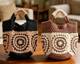 Vintage Nordic Crochet Handbag, Handmade Hollow Woven Tote Bag, Casual Beach Accessory