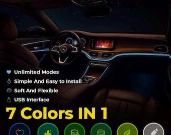 May include: Car interior with blue neon lighting highlighting the dashboard and console. Features include unlimited modes, easy installation, and a USB interface. The text reads "7 Colors IN 1".