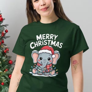 Christmas Elephant Shirt Merry Holiday Santa Hat Lights Graphic Tee Animal Lover Gift