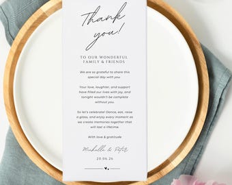 Tarjeta de agradecimiento minimalista, nota de agradecimiento en servilleta, agradecimiento imprimible, agradecimiento por la mesa, editable, mesa de boda