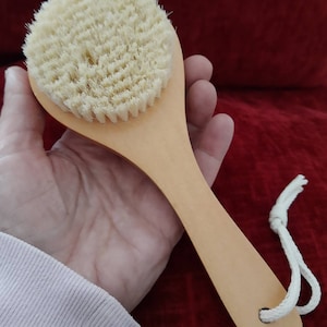 May include: A wooden body brush with natural bristles and a white cotton loop handle. The brush is held in a hand.