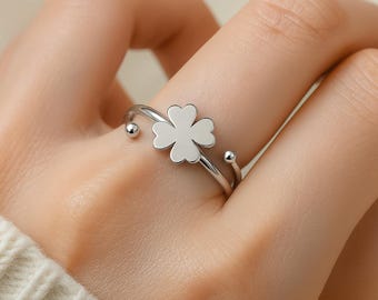 Silver Four Leaf Clover Ring for Her Adjustable Lucky Charm Ring for Ladies Minimalist Silver Jewelry Personalized Gift for Women & Girls