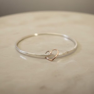 Mix Metal Sterling Silver Heart Bangle for Men's Mixed Metal Hammered Bracelet Dainty Personalized Gift for Her