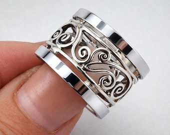 Sterling Silver Filigree Wide Band Ring Boho Adjustable Statement Ring for Women Vintage Scroll Openwork Jewelry Valentine Gift for Her
