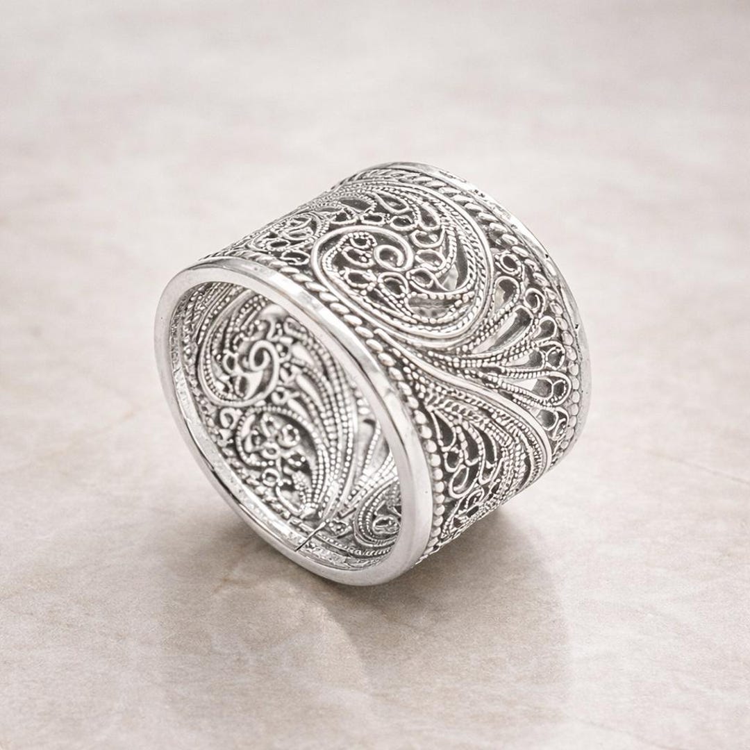 Sterling Silver Filigree Ring Wide Band Silver Ring Vintage Boho ...