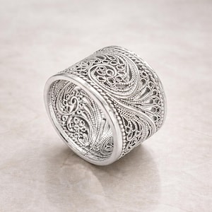 Sterling Silver Filigree Ring Wide Band Silver Ring Vintage Boho Statement Jewelry Handmade Artisan Ring Valentine Gift for Her