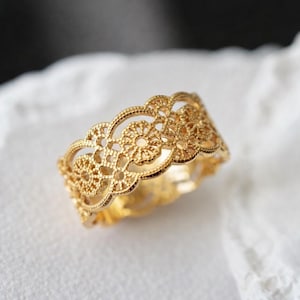 21 kt gouden kanten filigraanring vintage stijl band sierlijke gouden ring Boho statement ring handgemaakt valentijnscadeau voor haar